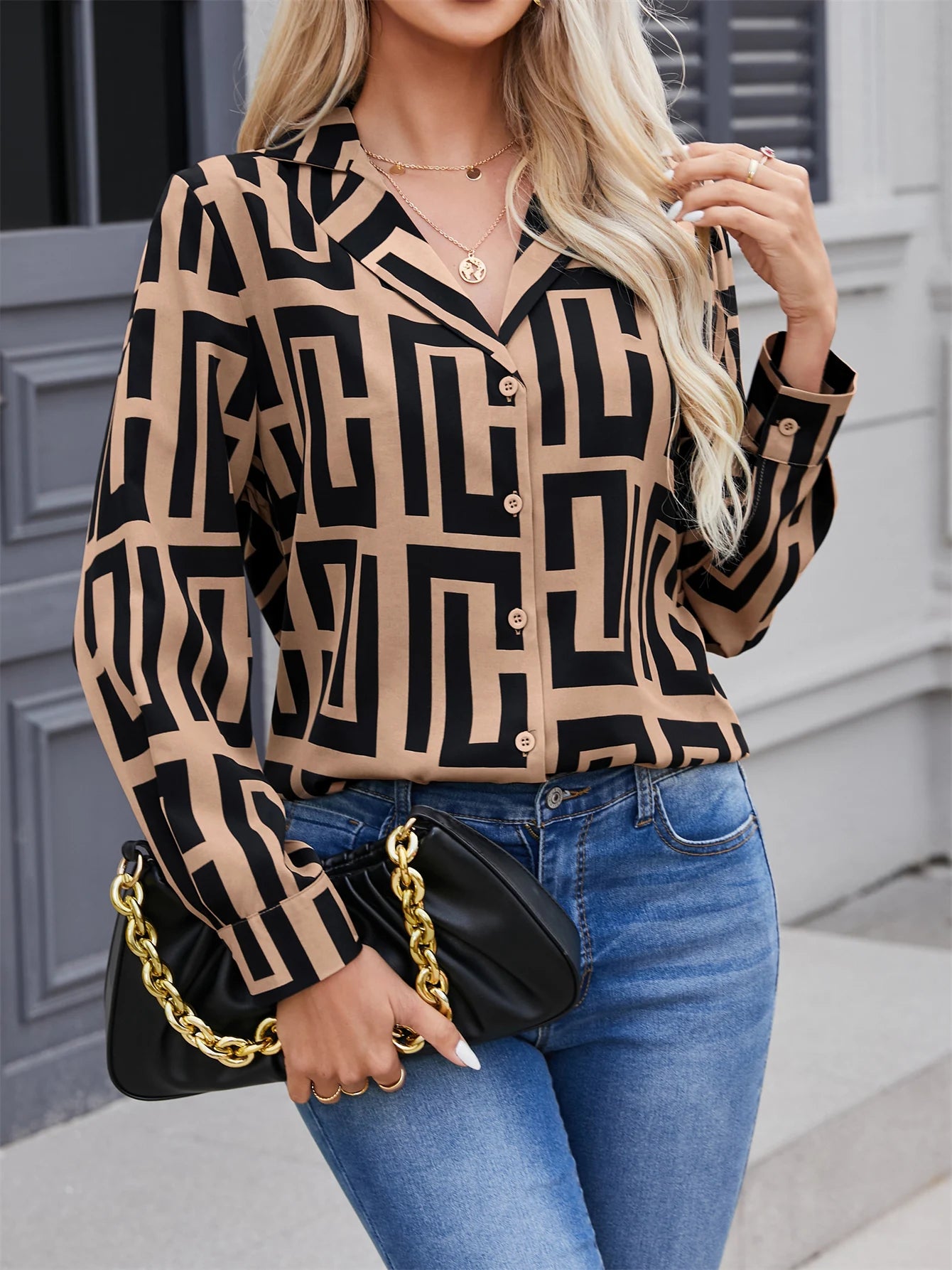 Sara – Elegant Geometric Printed Long Sleeve Blouse